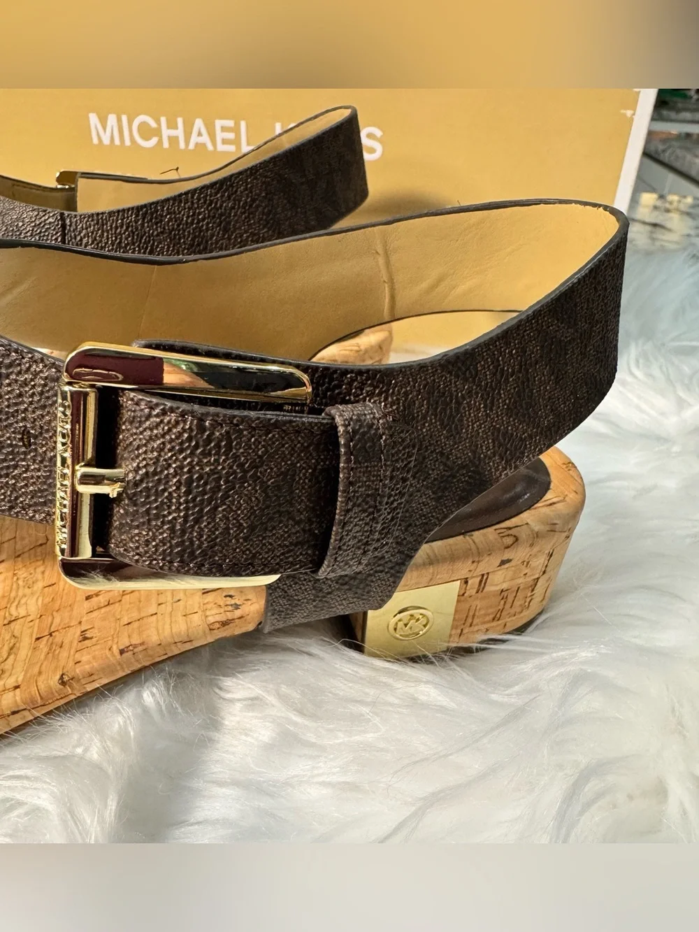 Michael Kors NEW Brown MK Logo Cork Thong Sandals with Gold Buckle